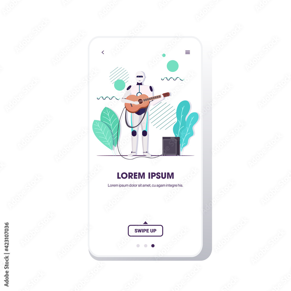 Poster robot playing guitar robotic character guitarist artificial intelligence technology concept smartpho