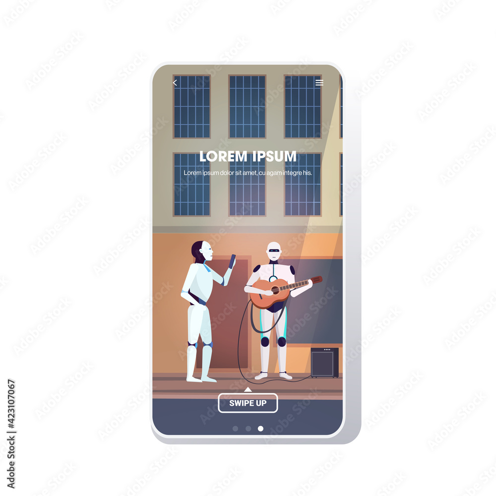 Poster robotic character photographing robot guitarist on smartphone camera artificial intelligence technol