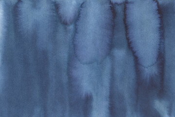 Hand painted watercolour background of dark blue color with artistic brush strokes, washes, marks. Beautiful impressive backdrop for creative design, banner, poster, wallpaper, label, cover, template.