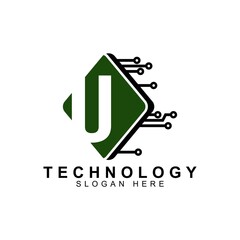 alphabet capital logo. Creative design concept green color with electrical chip illustration,