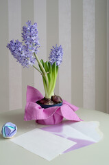 mockup of a postcard and a lilac envelope on a background of blooming hyacinths, copy space