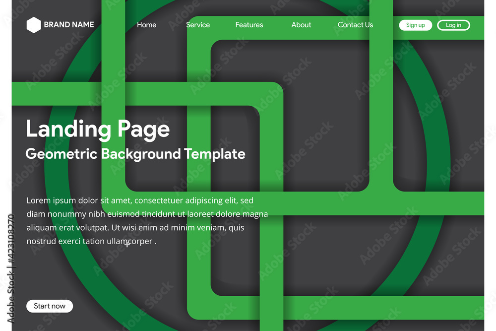 Poster abstract landing page template design with bold line use green colors isolated in black background. 