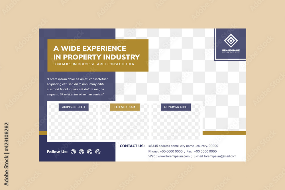 Poster a4 size real estate flyer template design with horizontal layout use purple and gold element colors.
