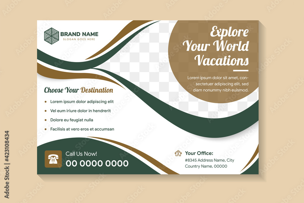 Poster a4 size vacations flyer template design with horizontal layout use green and gold element colors.whi