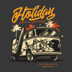 Original vector illustration in vintage style. An old tourist van painted with flowers on a background of palm trees and a retro sunset. © artmarsa