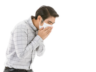 Man is coughing isolated on white background.