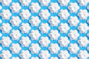 3D illustration pattern of large volumetric white crosses on a blue isolated background. Simple geometric textures and shapes