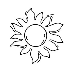 Vector hand-drawn illustration of the sun on a white isolated background. The drawing will become a print, a sticker, an element of decorative packaging.