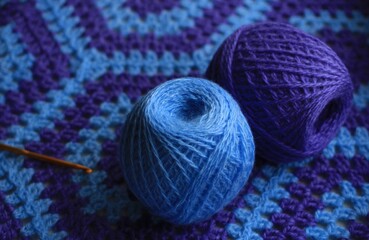 Plaid crocheted from blue and lilac threads