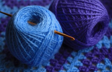 Plaid crocheted from blue and lilac threads