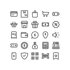 E commerce Outline Icon Set, Credit Card, Shopping Bag, Money, Bill, Voucher, Bar Code, Isolated Vector Icon