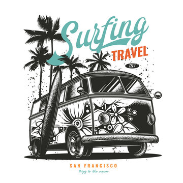 Original vector illustration in vintage style. An old tourist van painted with flowers on a background of palm trees and a retro sunset.