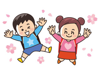 ジャンプする小学生と桜　入学