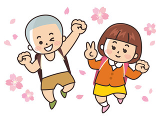 ジャンプする小学生と桜　入学