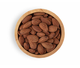 Almonds in a wooden bowl on a white background. Top view