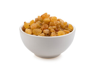 bowl of raisins isolated on background.