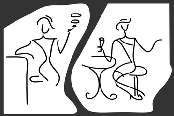 Two vector line drawings: a girl at the bar with a cigarette and a girl sitting at a table with a glass in her hand. Black and white illustration.