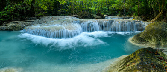 Panoramic beautiful waterfall in deep forest at Thailand.