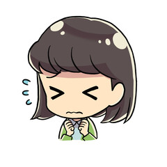 悩んでいる女性 デフォルメキャラ 汗
