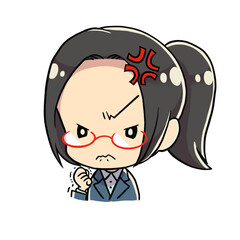 怒っているメガネの先生 デフォルメキャラ 握り拳