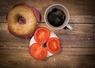 Coffee and bagels for breakfast - top down view - food photography