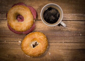 Coffee and bagels for breakfast - top down view - food photography