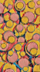 Abstract oil painting background with colorful circles. Pattern with yellow, ocher, blue, red and peach colors. Print for phone case, poster, pillow, gift and wrapping paper.