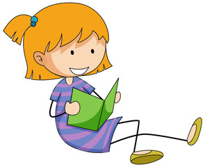 Cute girl reading book doodle cartoon character
