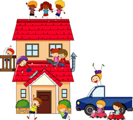 Many kids doing different activities around the house