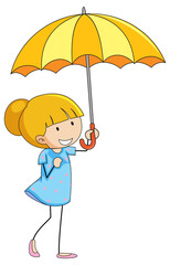 Cute girl holding umbrella doodle cartoon character isolated