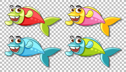 Set of many fishes cartoon character isolated on transparent background