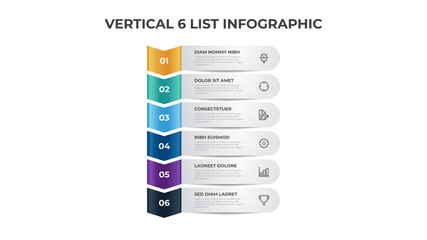 Vertical list diagram with 6 points of steps, infographic element template layout vector