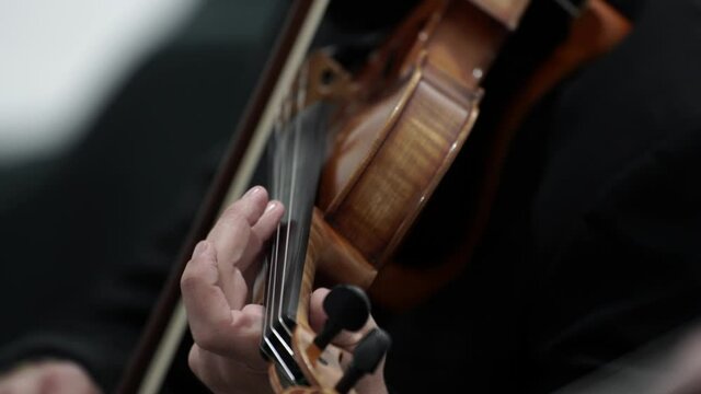 Violin music instrument on hands of professional violinist performing on concert