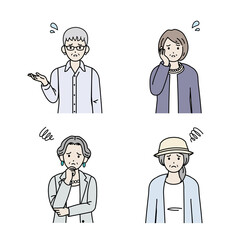 年配の女性 シニア 高齢者 人々 困る 悩む 不満 ポーズ 仕草 セット イラスト素材 Wall Mural Senryu