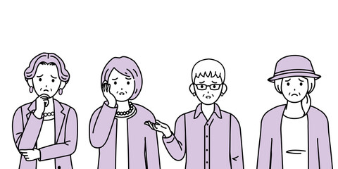 年配の女性　シニア　高齢者　人々　困る　悩む　不満　ポーズ　仕草　セット　イラスト素材