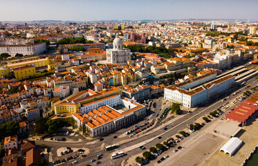 Aerial view of Lisbon district with National Pantheon and coastline