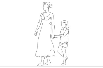 Fototapeta na wymiar Mother with her daughter for a walk. Family shopping trip. Motherhood. One continuous drawing line logo single hand drawn art doodle isolated minimal illustration.