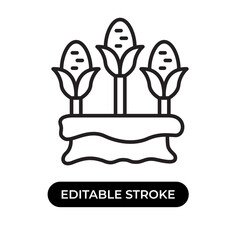 Vector illustration of corn icon. Three corn plant on the sack. Editable stroke with line design style