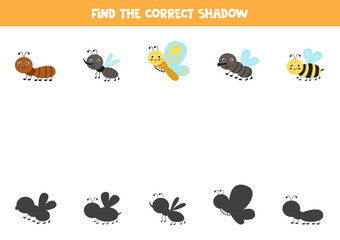 Naklejka premium Find the correct shadows of cute insects. Logical puzzle for kids.