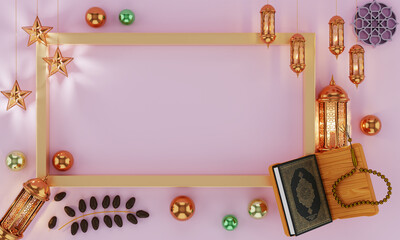 Ramadan Kareem card with 3d golden metal crescent and stars pink background
