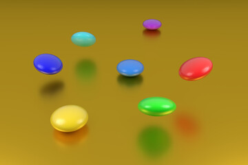 Multicolored dragees on a golden plane and falling on a plane. 3D rendering. Rounded sweets. Dragee in colored glaze.