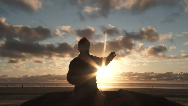 Happy Flipping Ninja Man At Sunset Beach