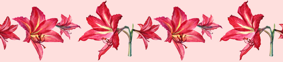 Seamless border watercolor bouquet tropical red lily and bud on pink background. Hand-drawn summer botanical illustration for card, celebration, wedding, birthday, wallpaper, wrapping, textile, gift