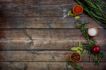Set of spices and herbs for making spicy dish.