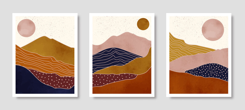 Set of Abstract Landscape of Mountains with the Sun in a Minimal Trendy Style. Vector Background in Terracotta Colors