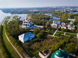 Aerial view of Assumption Cathedral on bank of Volga River and famous Strelka park in Russian city of Yaroslavl