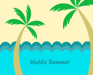Greeting card with a summer landscape of palm trees and the sea.