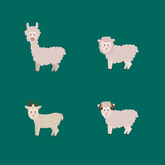 Set of farm animals. Collection of Goat, Llama, Ram, Sheep, livestock. Vector animal characters drawn in the flat style. Vector illustration