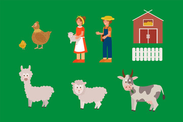 Fototapeta premium A set of farm animals and related items. Vector collection of livestock, farmers, sheds with a family of chickens. Vector illustration