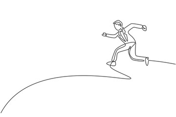Continuous one line drawing of young happy male entrepreneur jumping high into the sky. Success business manager. Minimalist concept. Trendy single line draw design vector graphic illustration